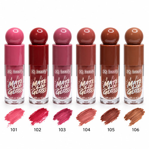 3Q Beauty Matte Lip Gloss shades 101 to 106 with swatches