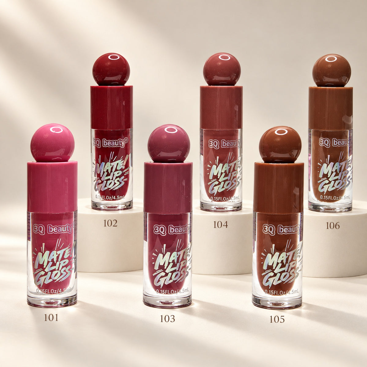 3Q Beauty Matte Lip Gloss six-shade collection editorial