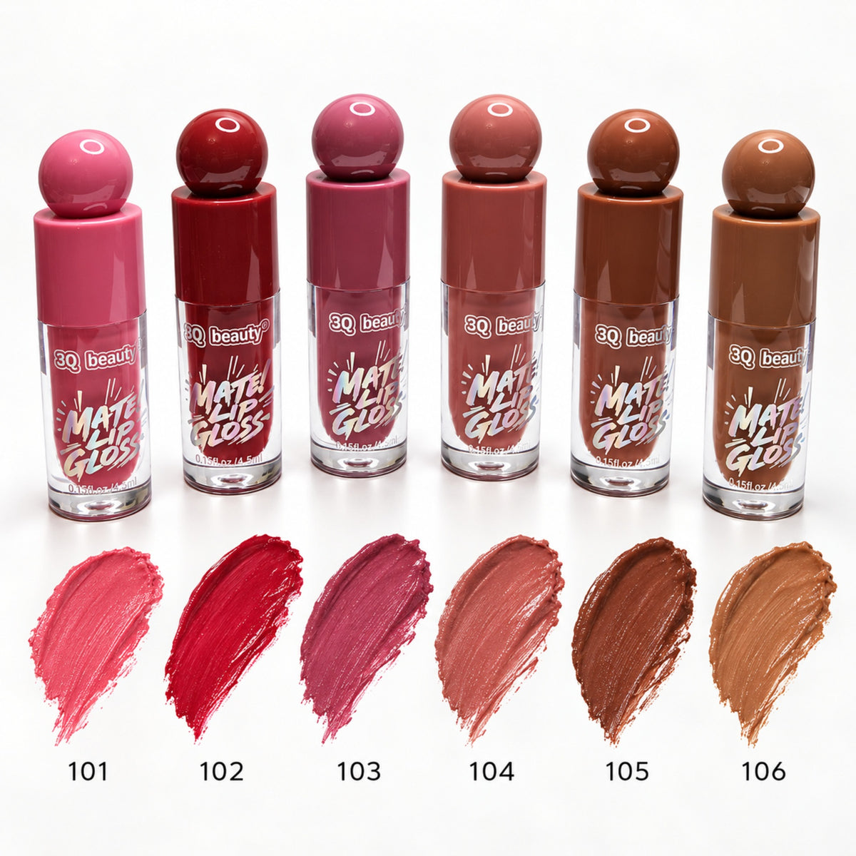3Q Beauty Matte Lip Gloss shades 101 to 106 color swatches