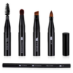 Black 4-in-1 detachable makeup brush shown assembled and with its heads separated | فرشاة مكياج سوداء ٤ في ١ مجمعة وبرؤوس منفصلة