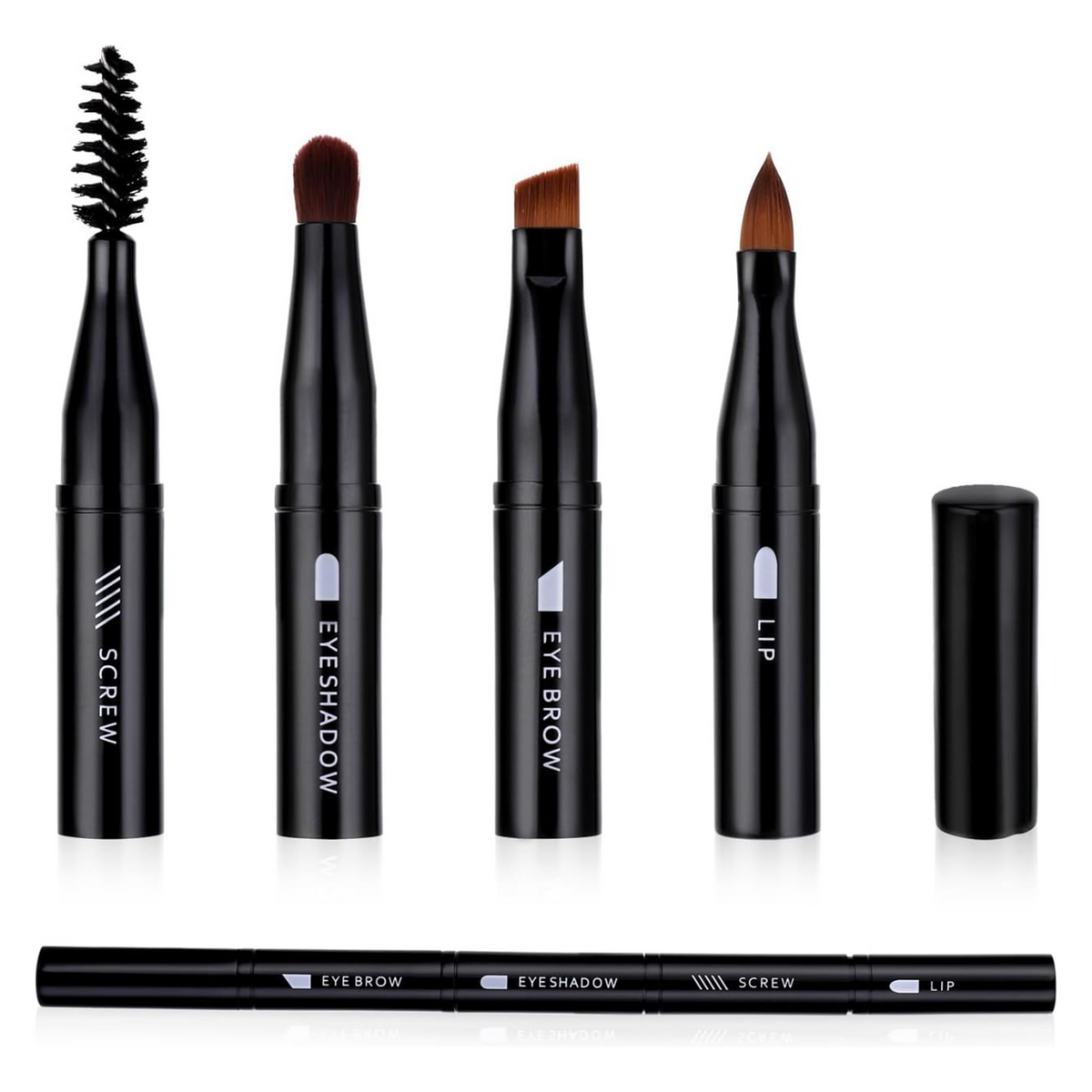Black 4-in-1 detachable makeup brush shown assembled and with its heads separated | فرشاة مكياج سوداء ٤ في ١ مجمعة وبرؤوس منفصلة