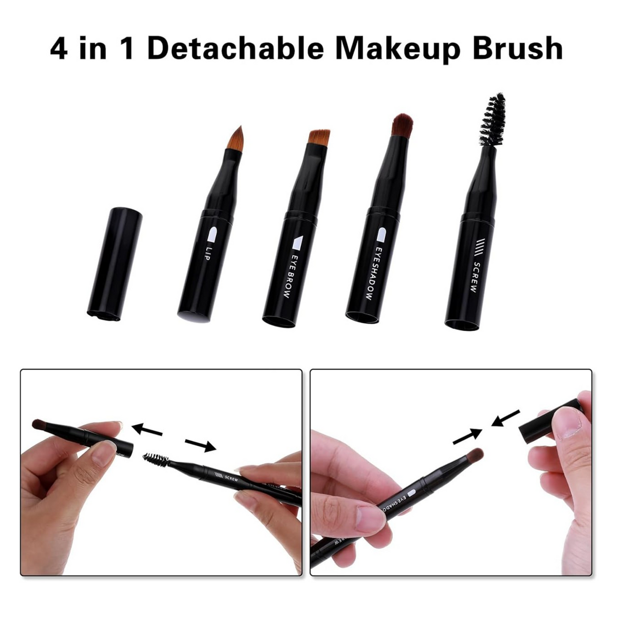 Four detachable brush heads and cap with assembly demonstration | رؤوس الفرشاة الأربعة والغطاء وطريقة التركيب