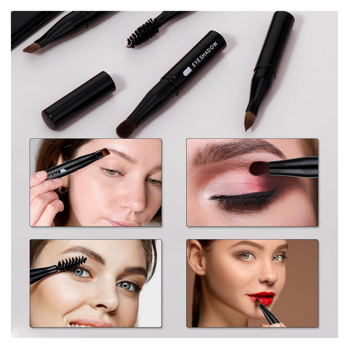 4-in-1 brush shown for eyebrow, eyeshadow, spoolie and lip application | استخدامات فرشاة المكياج ٤ في ١