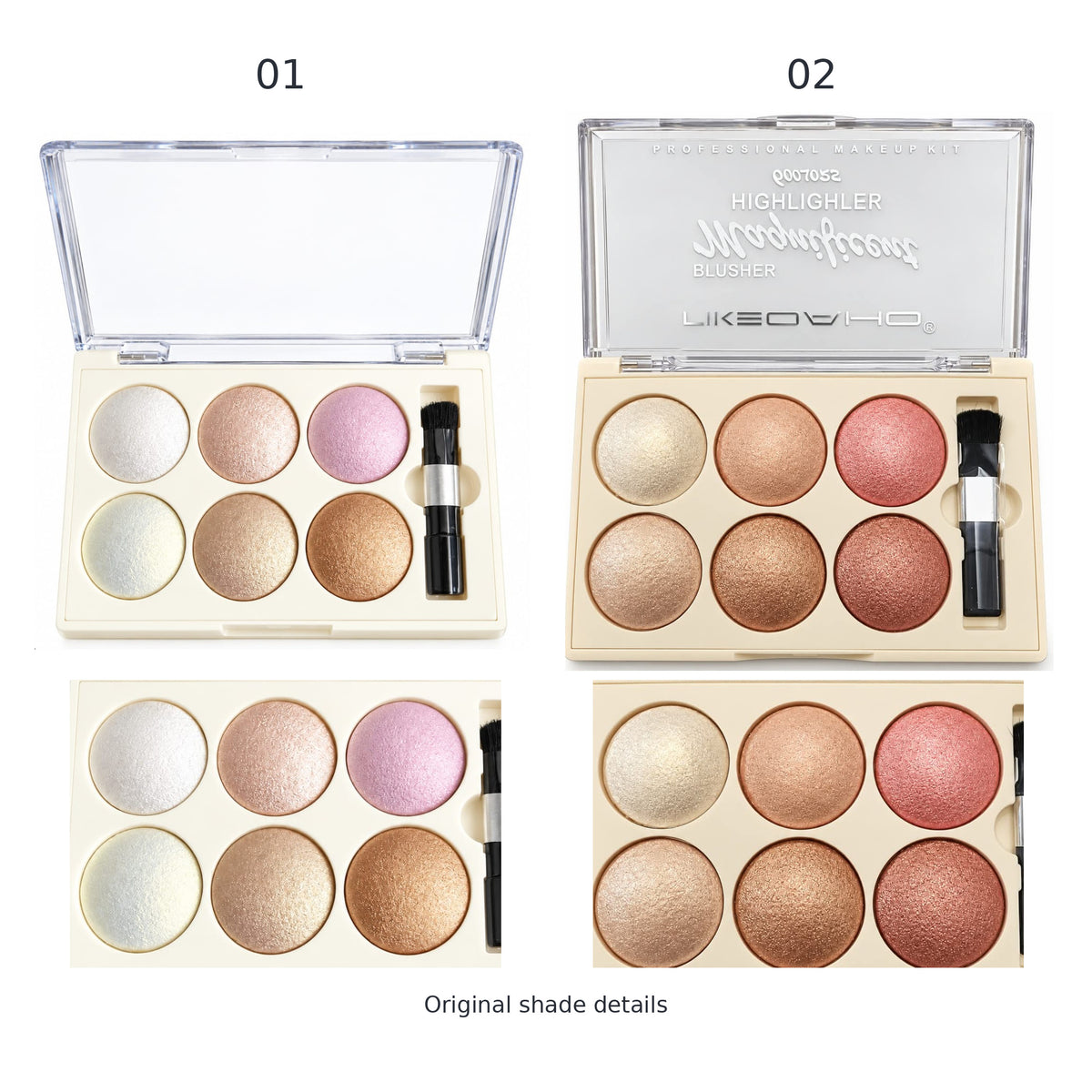 Shade comparison showing pan colours for six-pan palette shades 01 and 02