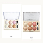 Both six-pan shimmer palette shades 01 and 02 in editorial side-by-side composition