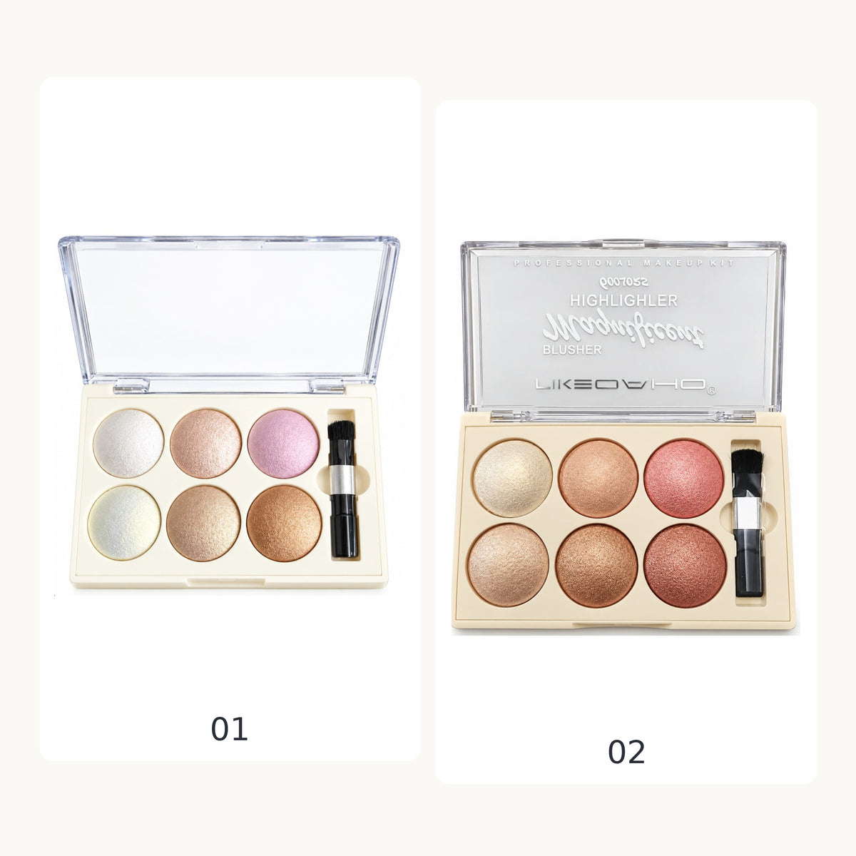 Both six-pan shimmer palette shades 01 and 02 in editorial side-by-side composition