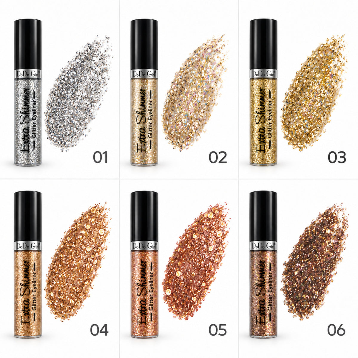 Dodo Girl Extra Shimmer Glitter Eyeliner shade comparison and swatches