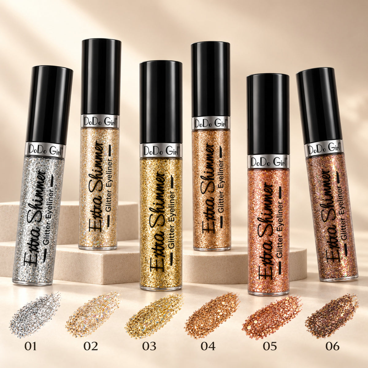 Dodo Girl Extra Shimmer Glitter Eyeliner six shade editorial