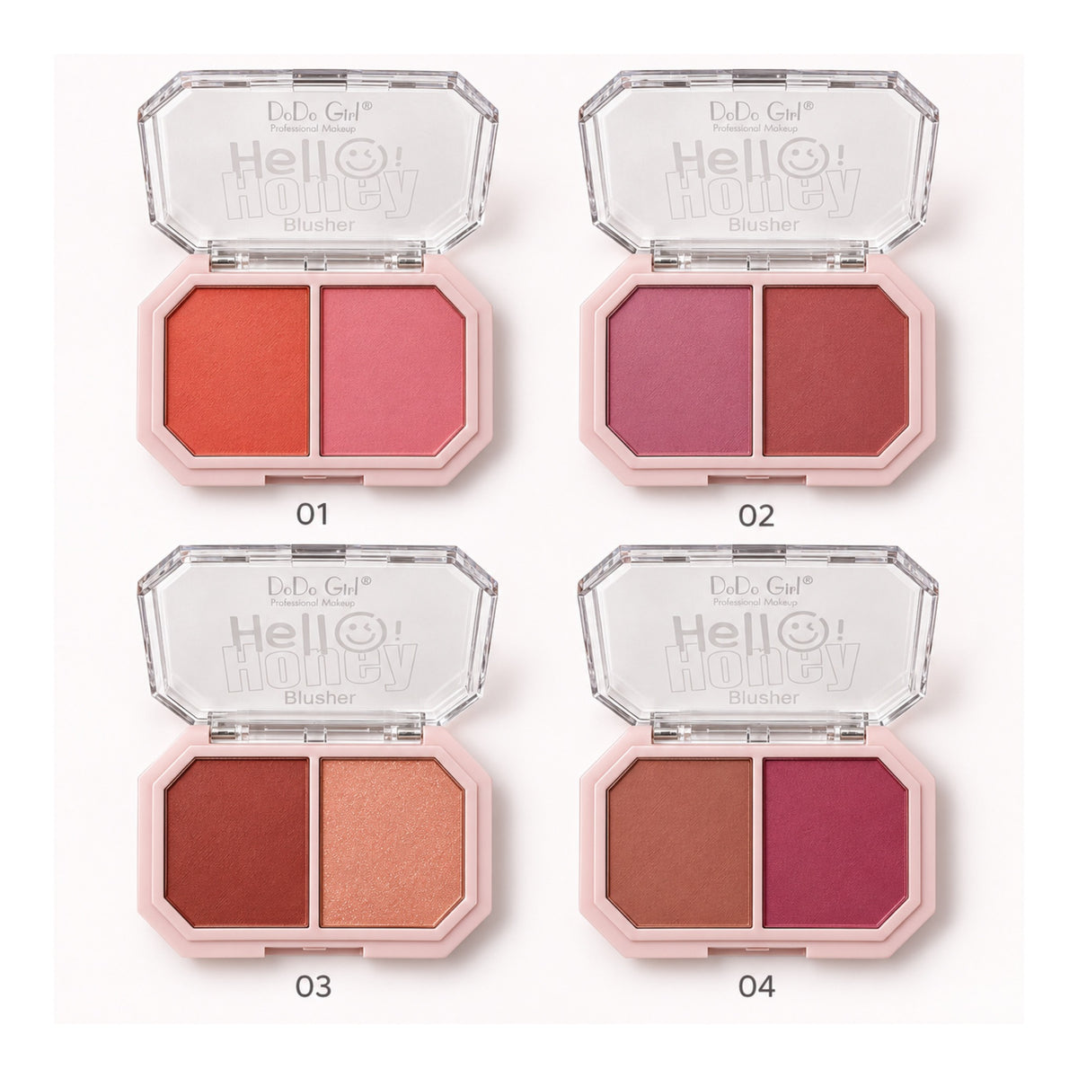 Dodo Girl Hello Honey Blusher open palettes shades 01 to 04
