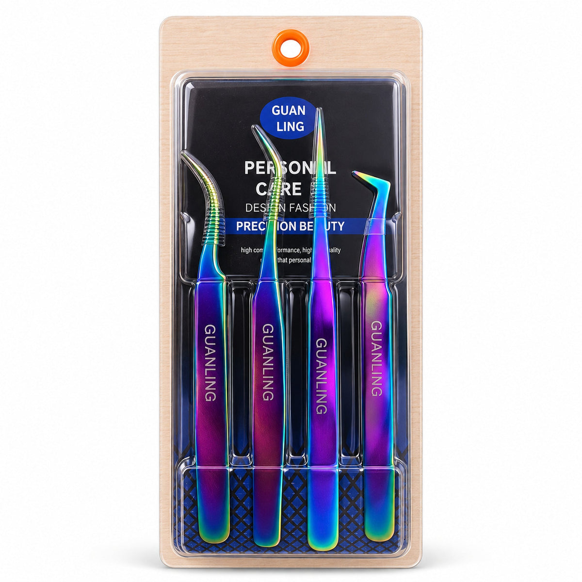 GUANLING four-piece rainbow tweezer set front studio packshot
