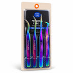 GUANLING four-piece rainbow tweezer set angled studio view