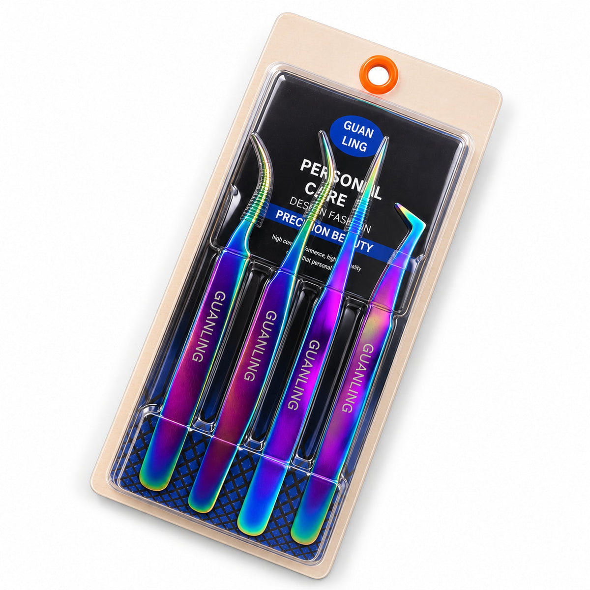 GUANLING four-piece rainbow tweezer set diagonal studio view