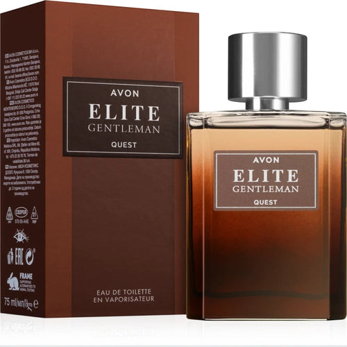 Marom Avon Elite Gentleman Quest eau de toilette perfume bottle with brown glass and silver cap next to its box