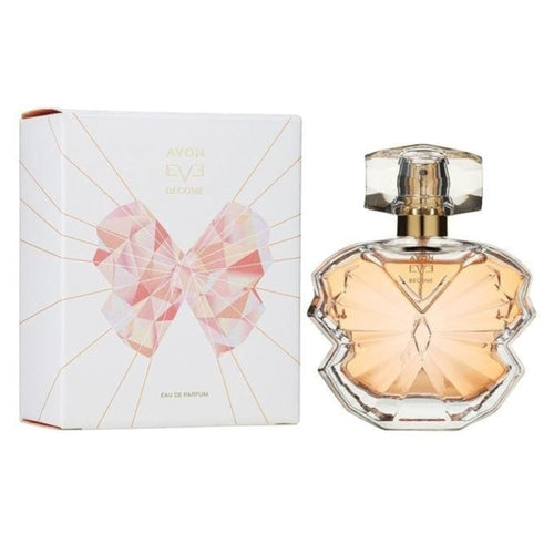 Marom Avon Eve Become eau de parfum in a butterfly-shaped glass bottle with its matching white and pink box.