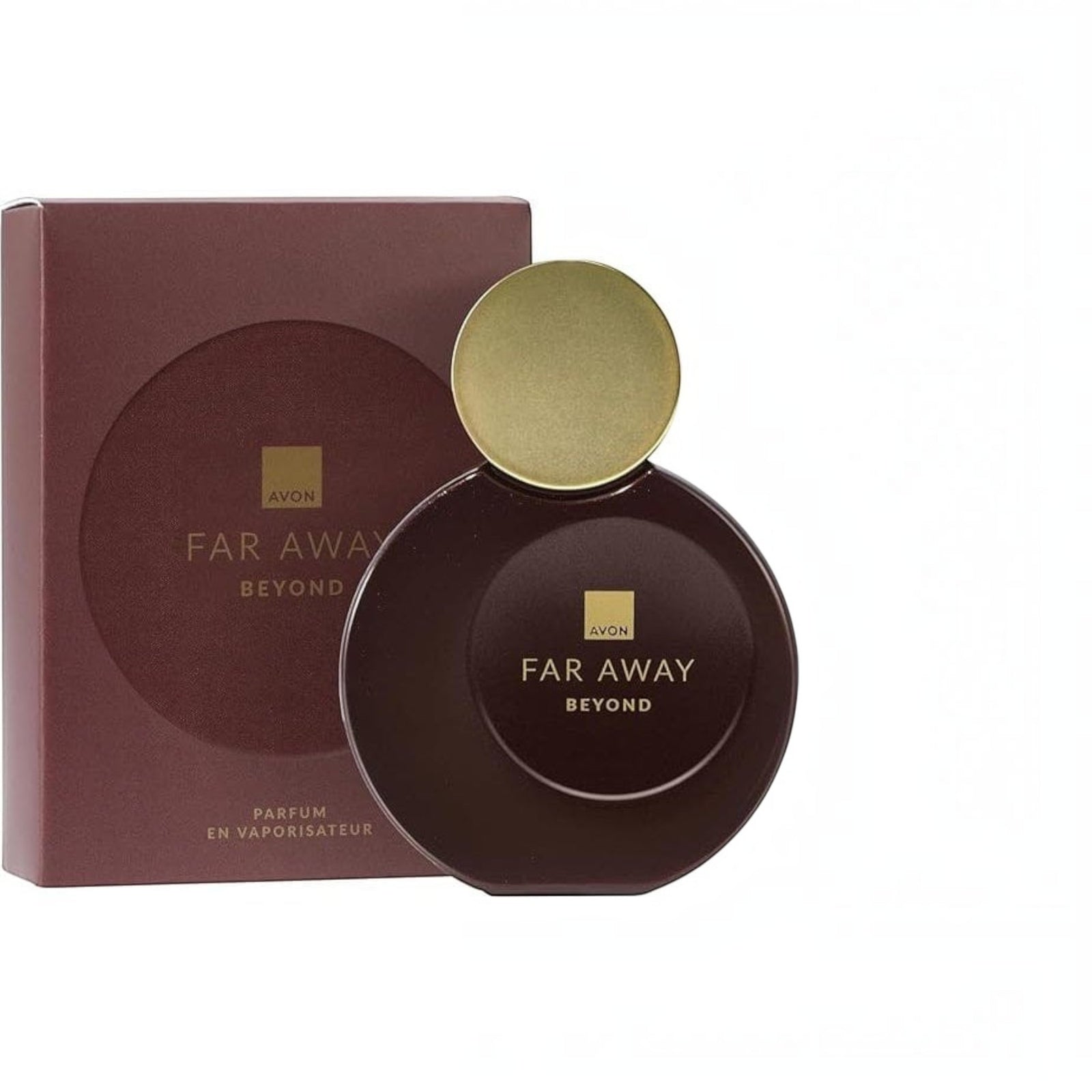 Marom Avon Far Away Beyond parfum bottle with a round dark burgundy glass design and gold cap next to its box.