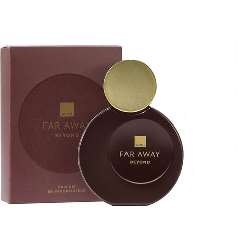 Marom Avon Far Away Beyond parfum bottle with a round dark burgundy glass design and gold cap next to its box.