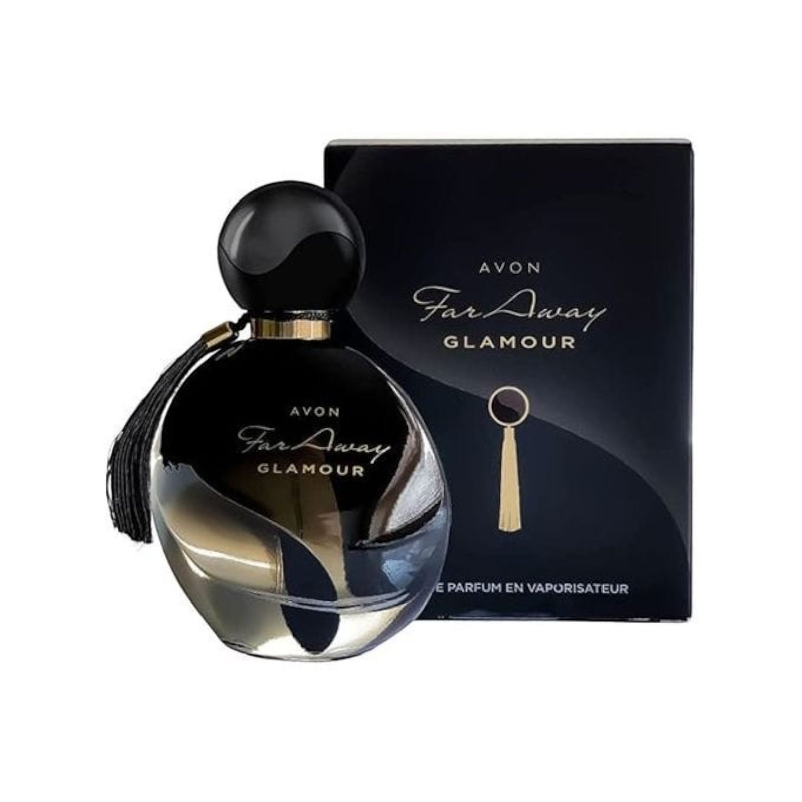 Marom Avon Far Away Glamour 50ml perfume bottle with black glass and gold tassel detail next to its matching box