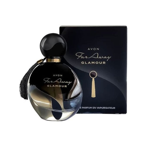Marom Avon Far Away Glamour 50ml perfume bottle with black glass and gold tassel detail next to its matching box