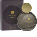 Marom Avon Far Away Glamour eau de parfum bottle with a round gold cap next to its dark purple and gold box