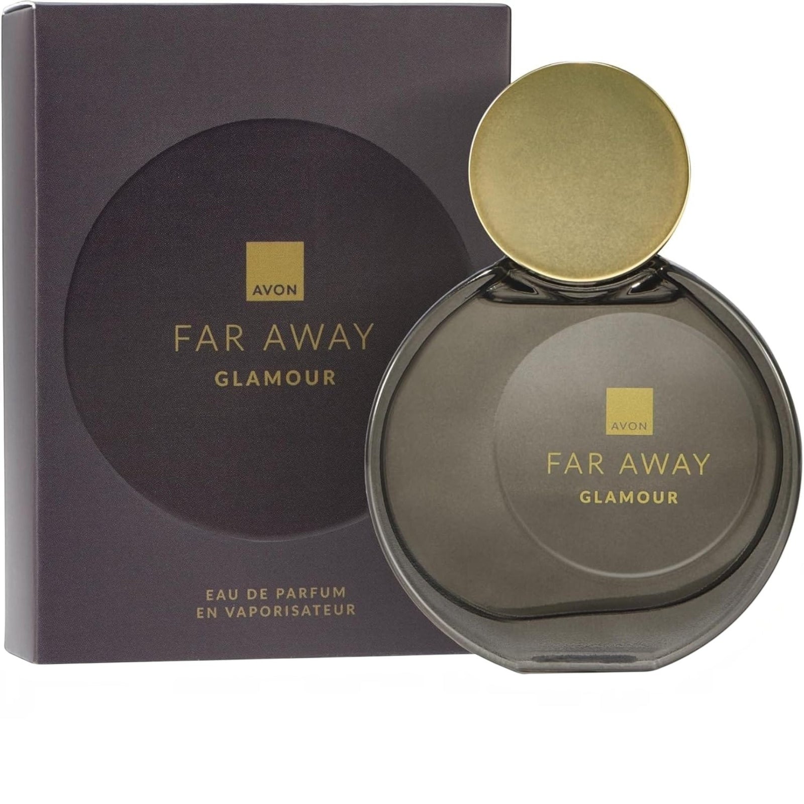 Marom Avon Far Away Glamour eau de parfum bottle with a round gold cap next to its dark purple and gold box