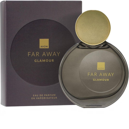 Marom Avon Far Away Glamour eau de parfum bottle with a round gold cap next to its dark purple and gold box