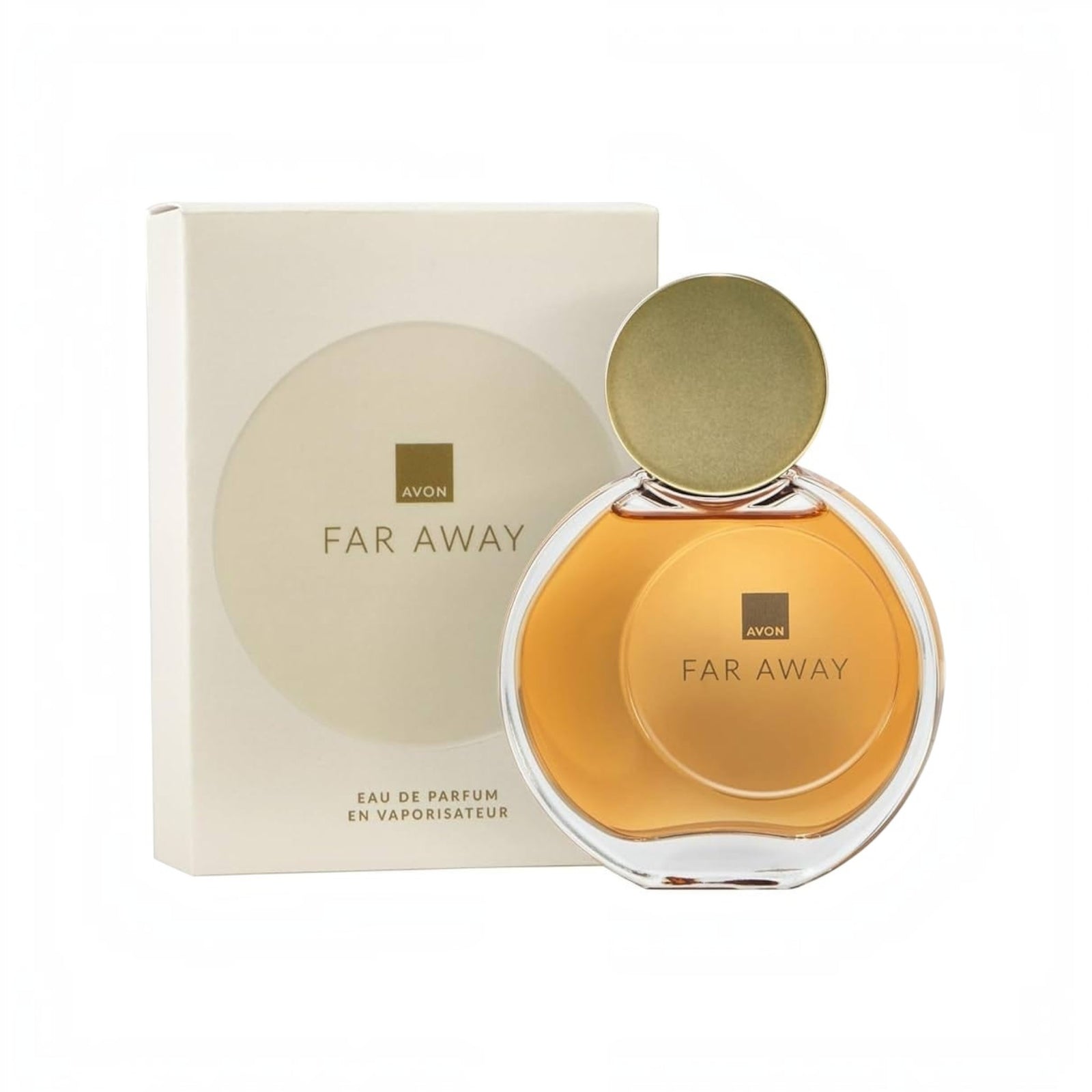 Marom Avon Far Away original eau de parfum in a round glass bottle with a gold cap next to its white box packaging