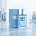 Marom Avon Individual Blue eau de toilette for men in a clear glass bottle with a light blue box on a marble surface