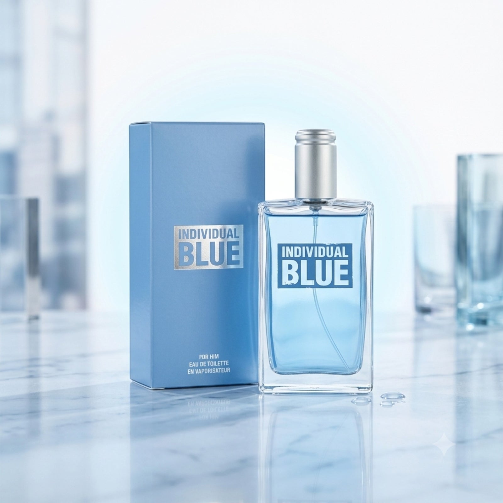Marom Avon Individual Blue eau de toilette for men in a clear glass bottle with a light blue box on a marble surface