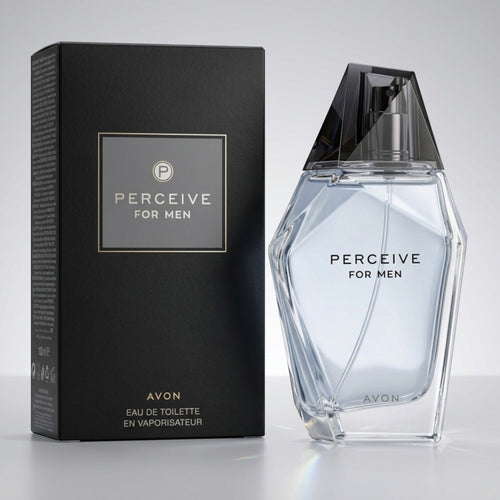 Marom Avon Perceive For Men eau de toilette in a geometric glass bottle next to its black rectangular box
