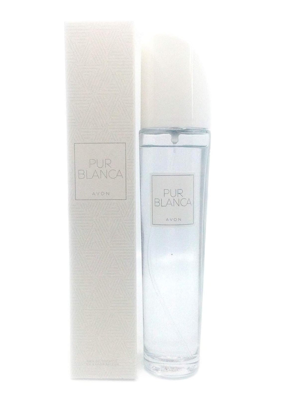 Marom Avon Pur Blanca Eau De Toilette fragrance spray in a clear glass bottle with its minimalist white box.