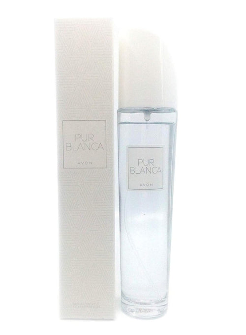 Marom Avon Pur Blanca Eau De Toilette fragrance spray in a clear glass bottle with its minimalist white box.