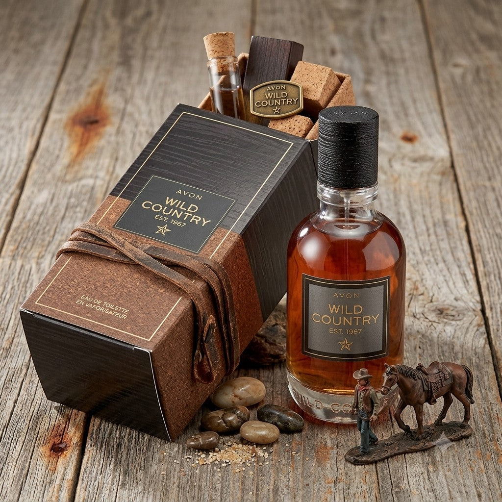 Marom Avon Wild Country original eau de toilette bottle and box with rustic western decor on a wooden surface
