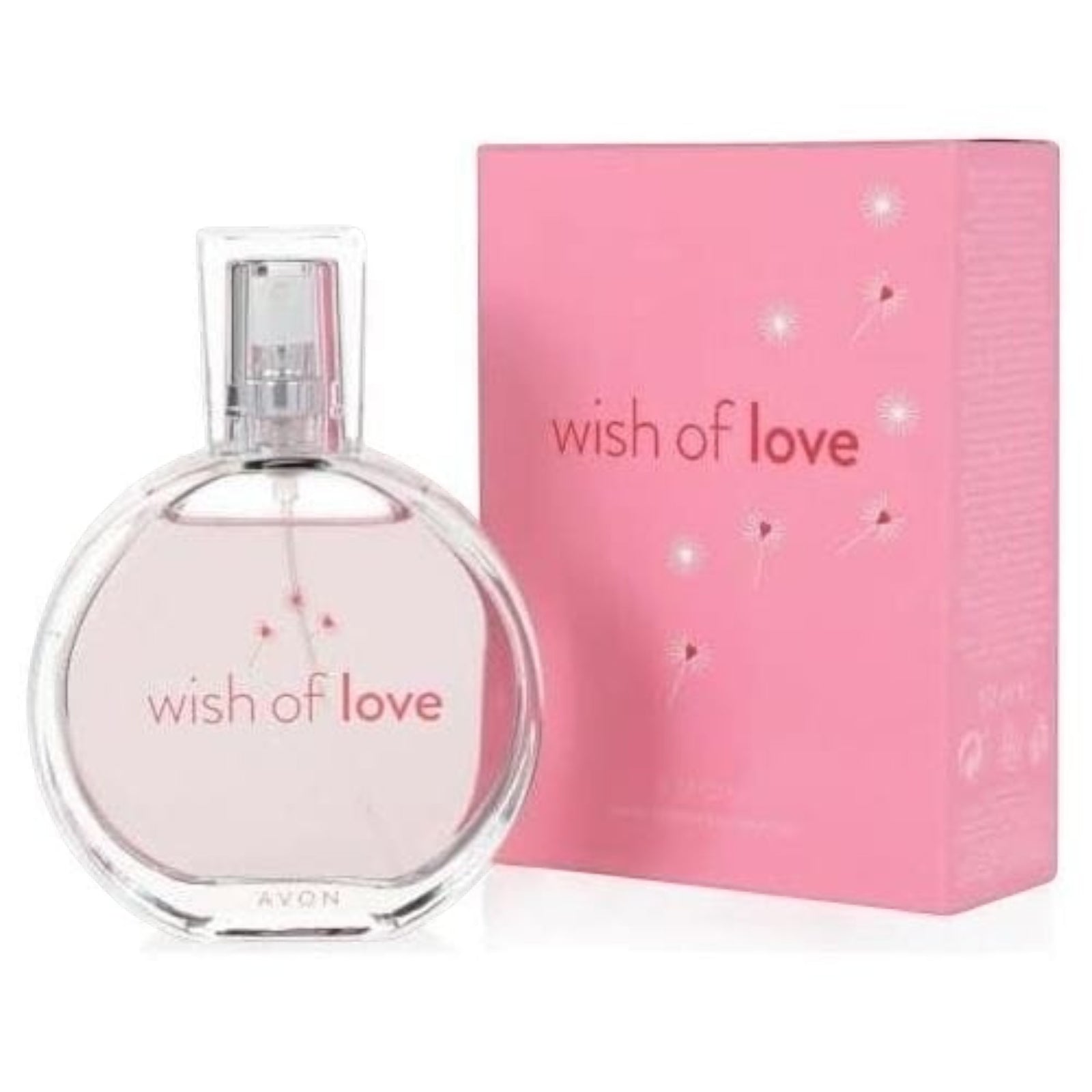 Marom Avon Wish of Love perfume in a round glass bottle with a pink box featuring dandelion and heart graphics