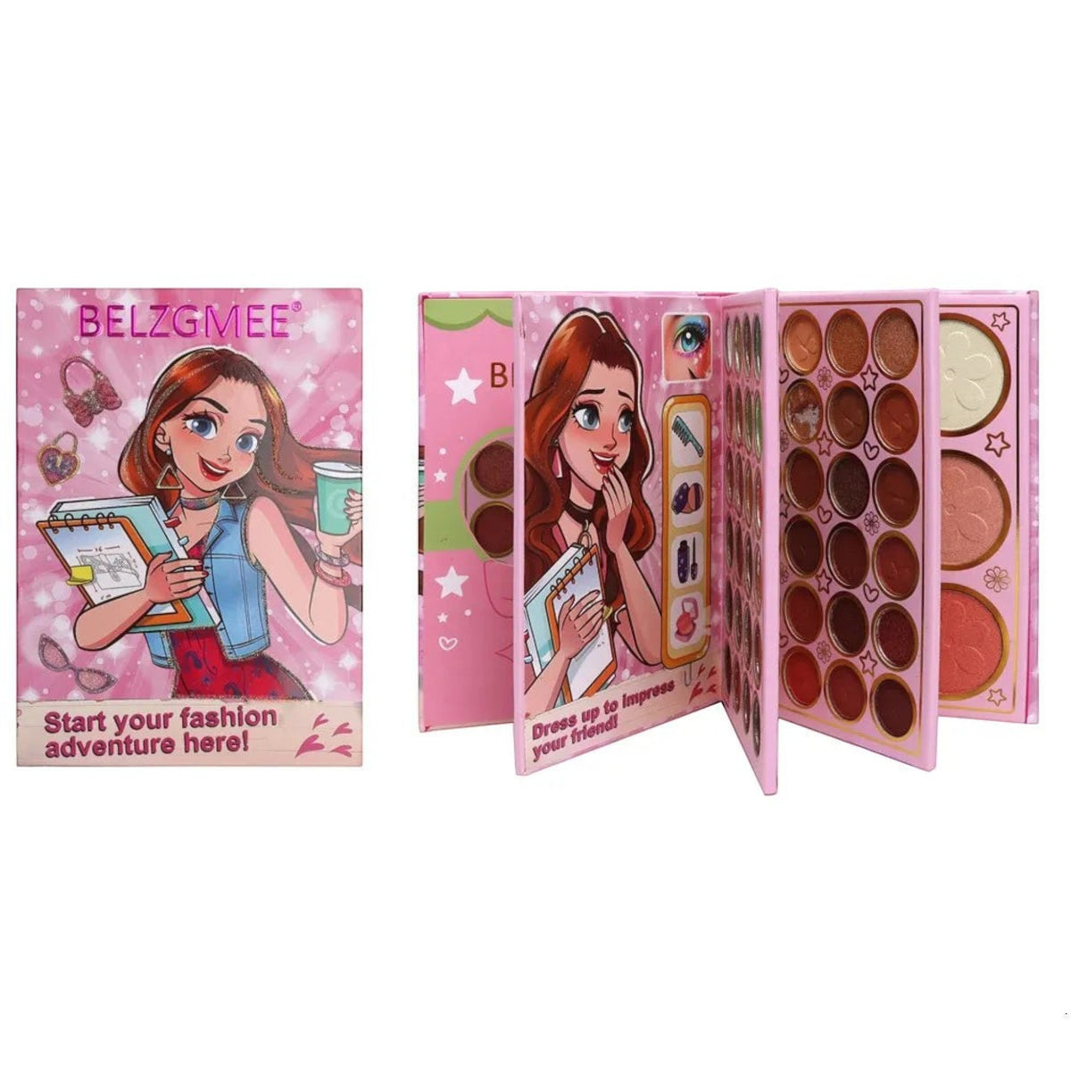 Marom BELZGMEE multi-layered makeup palette featuring eyeshadows, blush, and highlighter in a pink illustrated case.