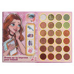 Marom BELZGMEE multi-layered makeup palette featuring vibrant eyeshadows, blush, and highlighter in a pink case.
