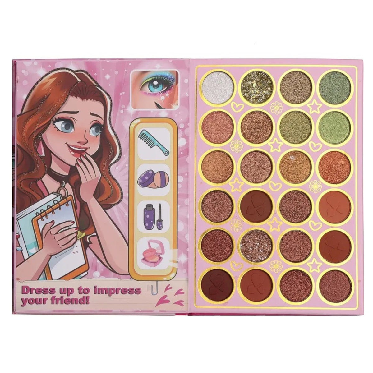 Marom BELZGMEE multi-layered makeup palette featuring vibrant eyeshadows, blush, and highlighter in a pink case.