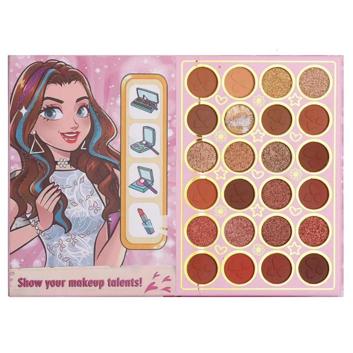Marom BELZGMEE multi-layered makeup palette featuring vibrant eyeshadows, blush, and highlighter in a fun case