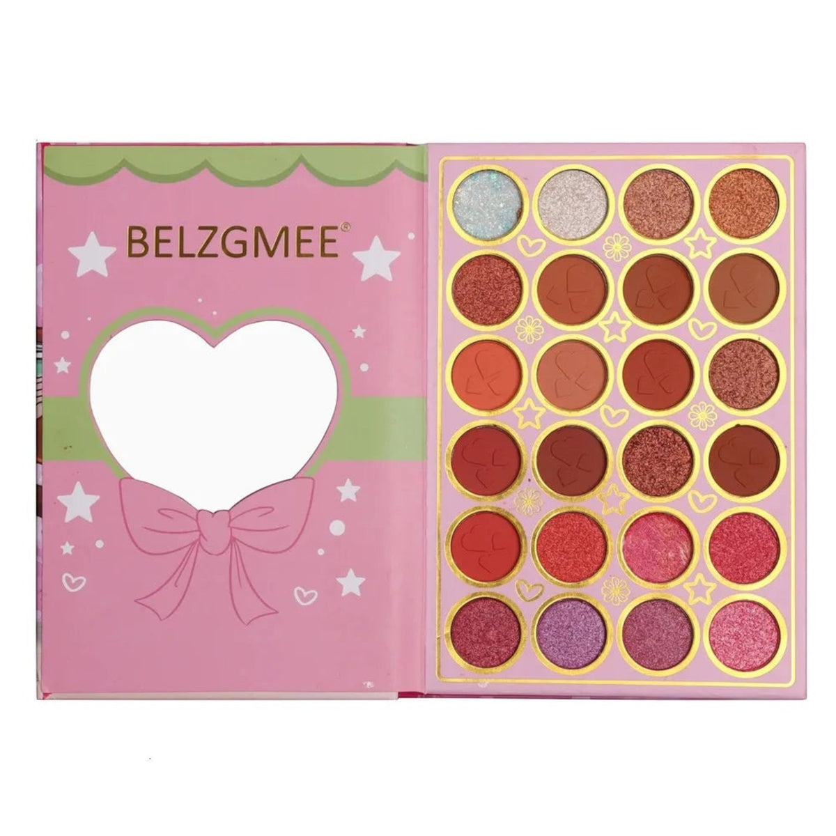 Marom BELZGMEE multi-layered makeup palette featuring vibrant eyeshadows, blushers, and highlighters in a pink case.