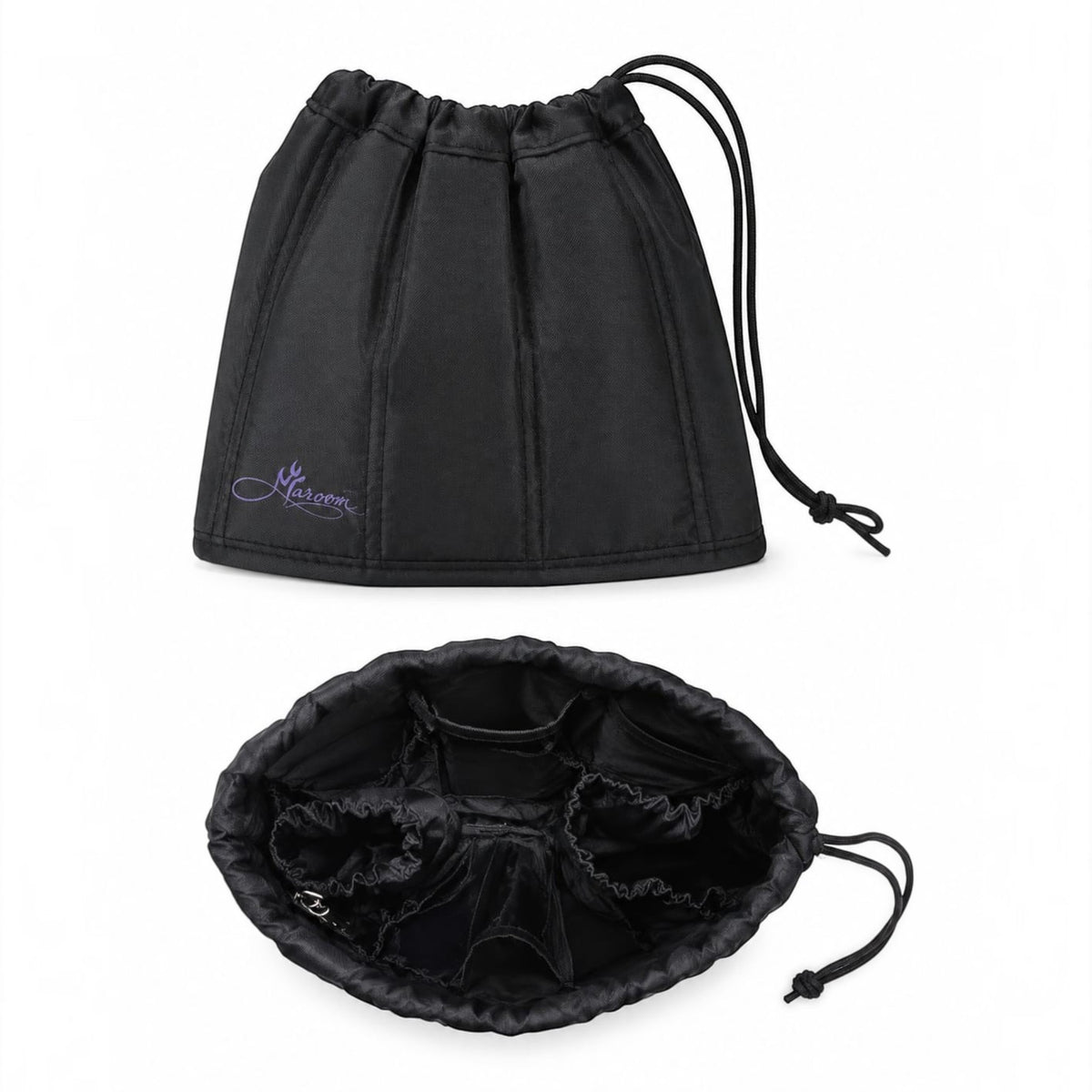 Marom black drawstring handbag organizer pouch with multiple interior pockets for organized storage