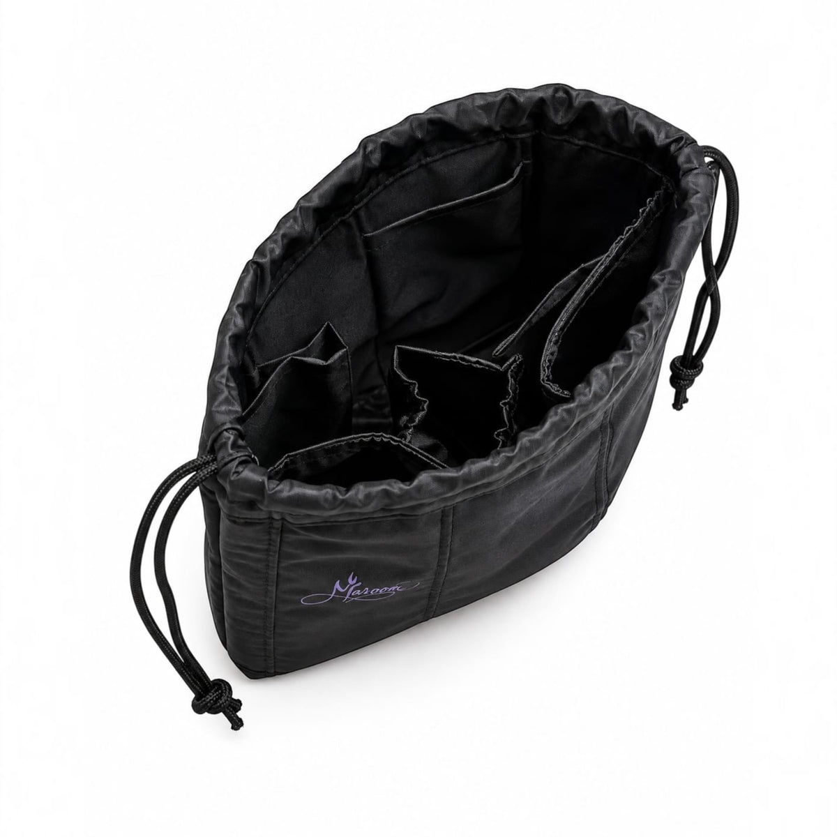 Marom black drawstring handbag organizer pouch with multiple interior compartments for organized storage