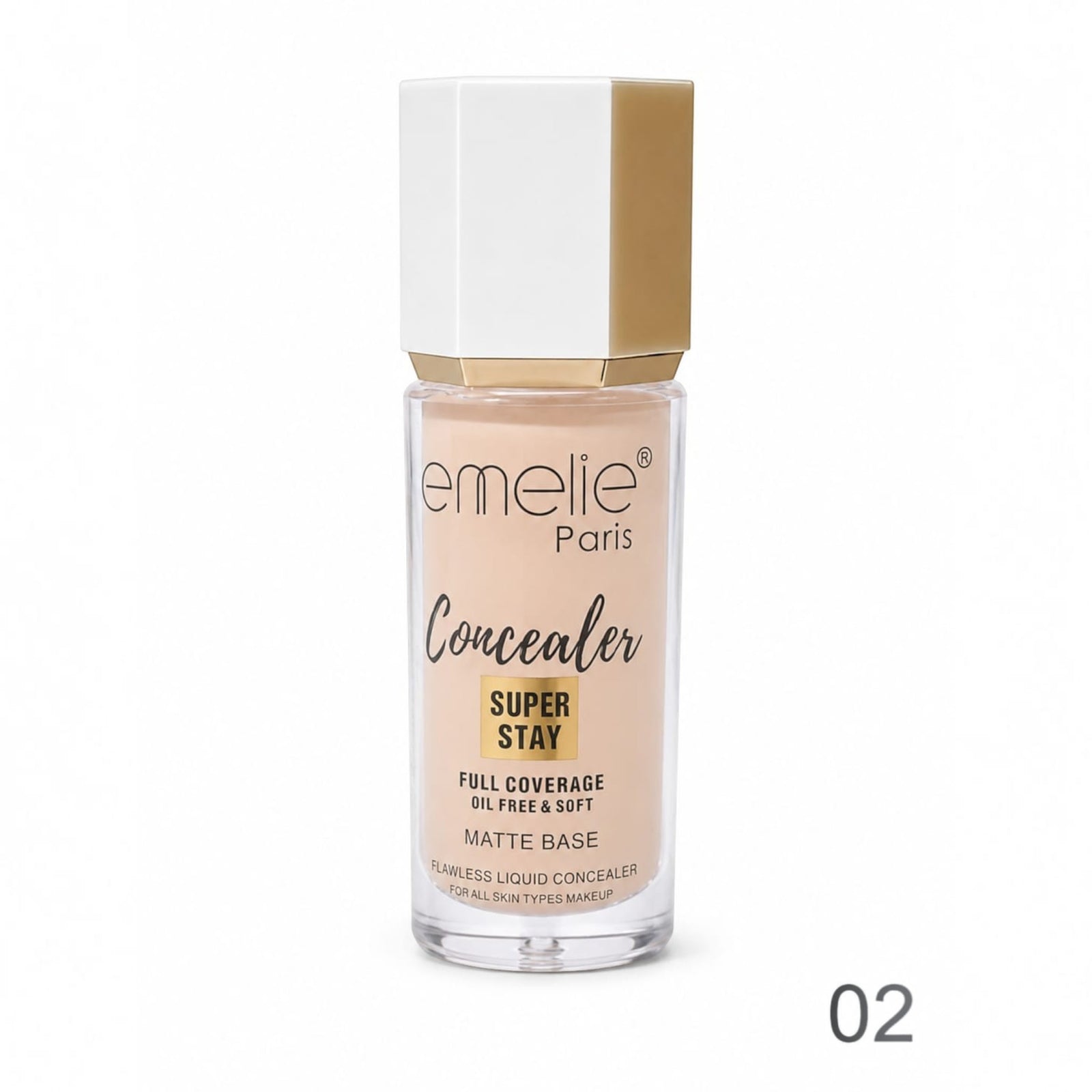 Marom Emelie Paris Super Stay liquid concealer in shade 02 with a white and gold cap and clear glass bottle