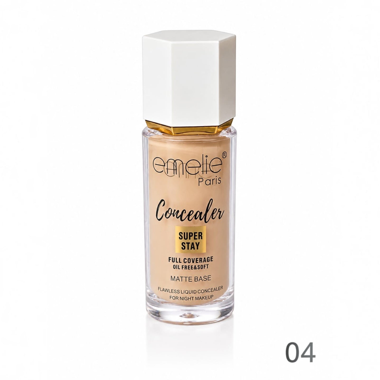 Marom Emelie Paris Super Stay liquid concealer in shade 04 with a white cap and matte finish glass bottle