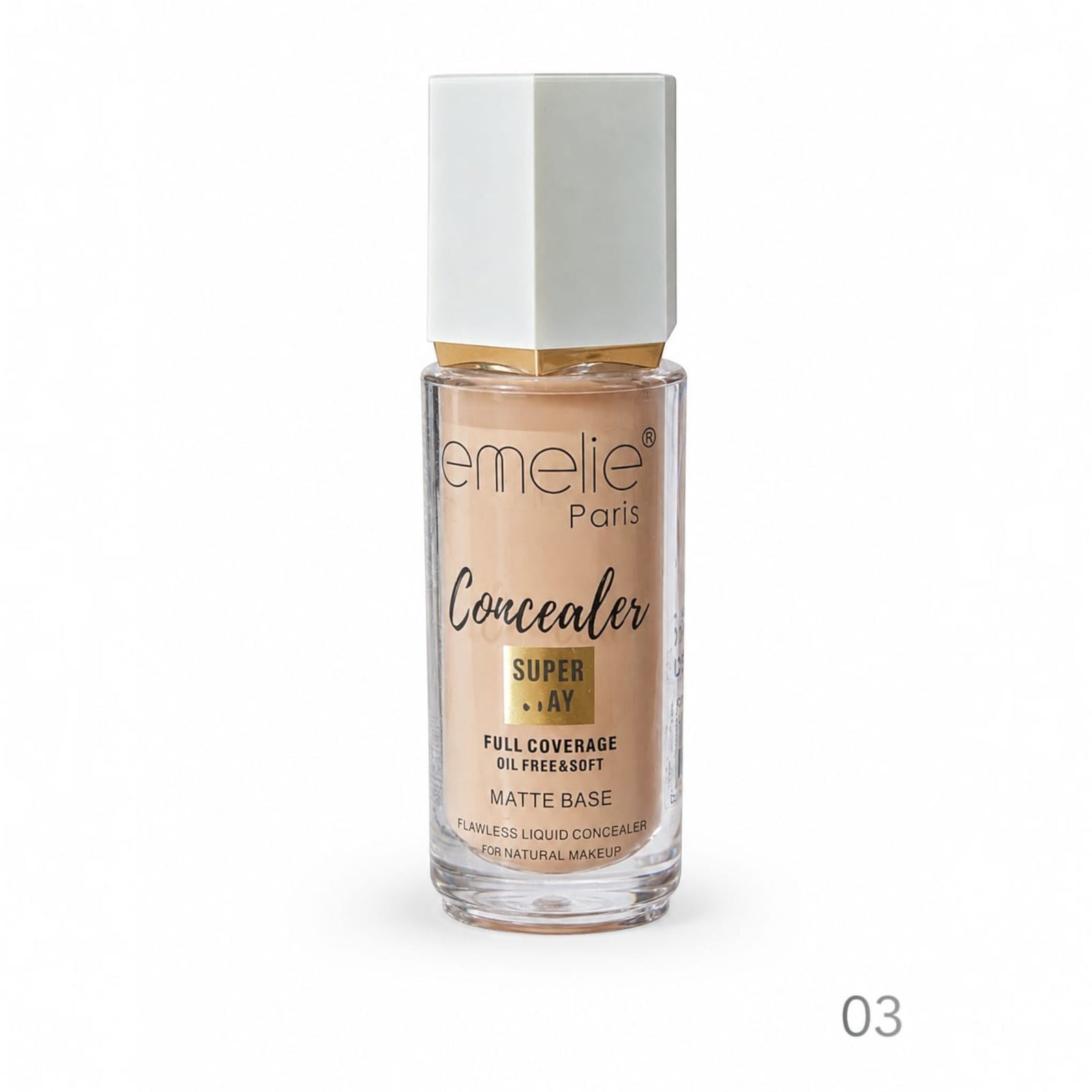 Marom Emelie Paris Super Stay liquid concealer in shade 03 with a white cap and clear glass bottle
