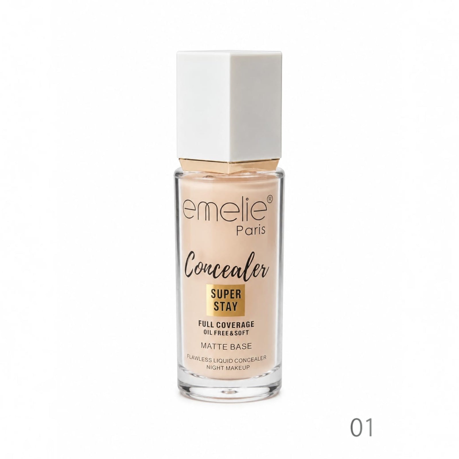 Marom Emelie Paris Super Stay liquid concealer in shade 01 with a matte finish in a clear glass bottle