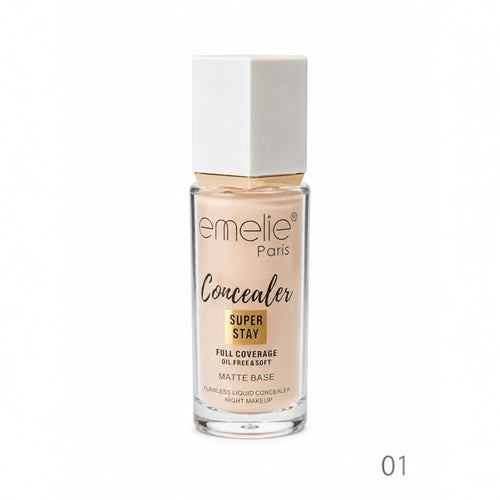 Marom Emelie Paris Super Stay liquid concealer in shade 01 with a matte finish in a clear glass bottle