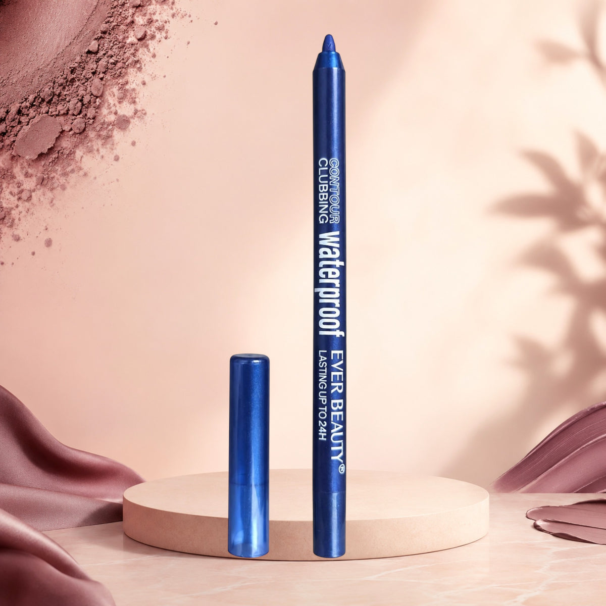 Marom EVER BEAUTY waterproof blue eye contour pencil with a matching cap for long-lasting smudge-proof wear.