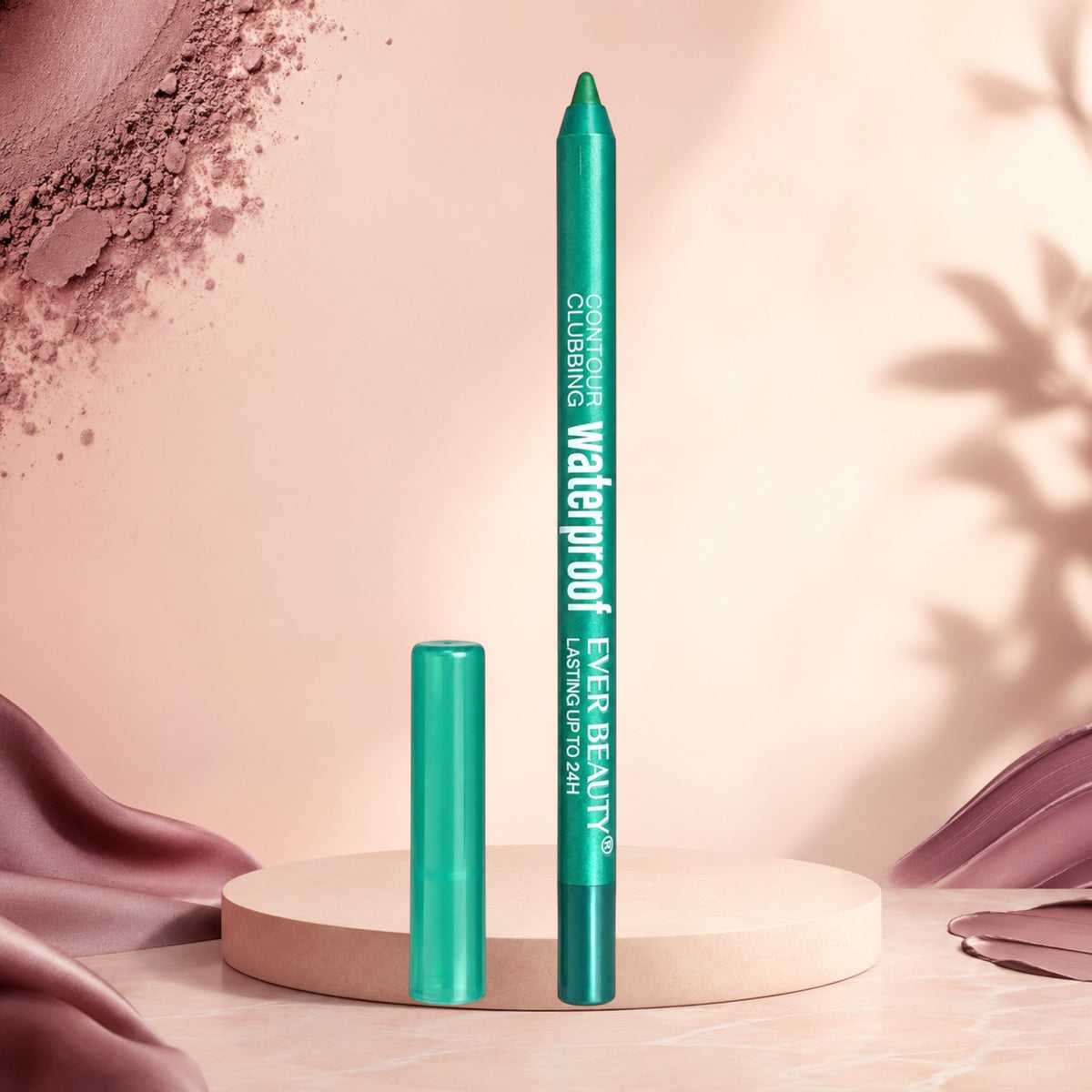 Marom EVER BEAUTY waterproof green eye contour pencil standing on a circular platform with a matching cap