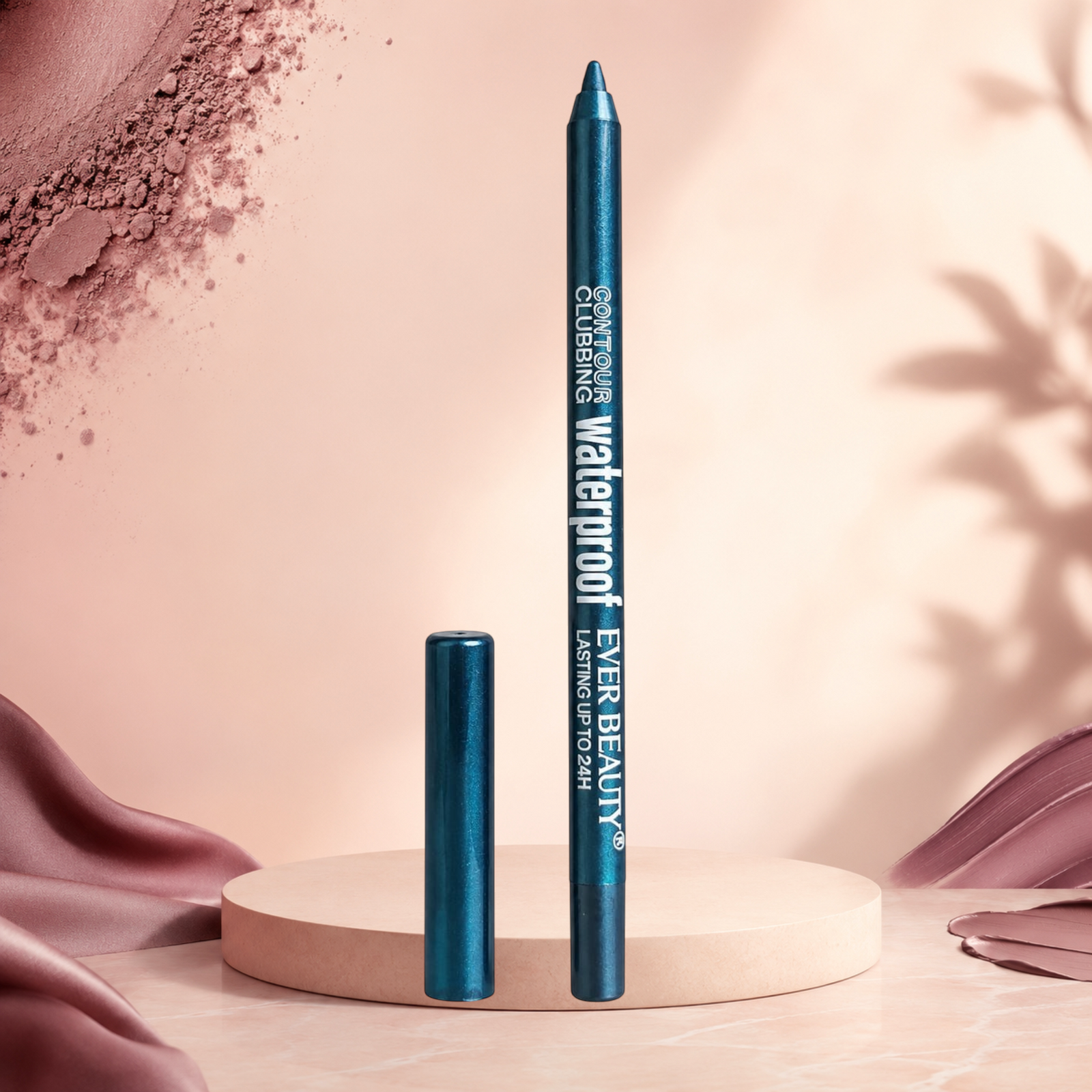 Marom EVER BEAUTY waterproof metallic blue eye contour pencil standing on a beige pedestal with soft lighting.
