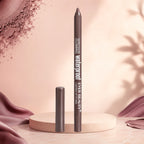 Marom EVER BEAUTY waterproof eye contour pencil in a dusty mauve shade, standing on a circular pedestal.