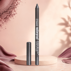 Marom EVER BEAUTY waterproof eye contour pencil in dark grey, standing on a pedestal with soft pink background.